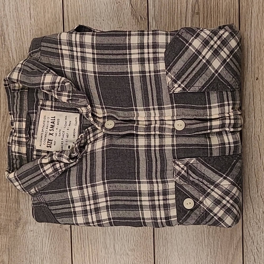 ALLSAINTS Grey Beige Plaid Cotton Blend Sz XS Mens Long Sleeve Shirt